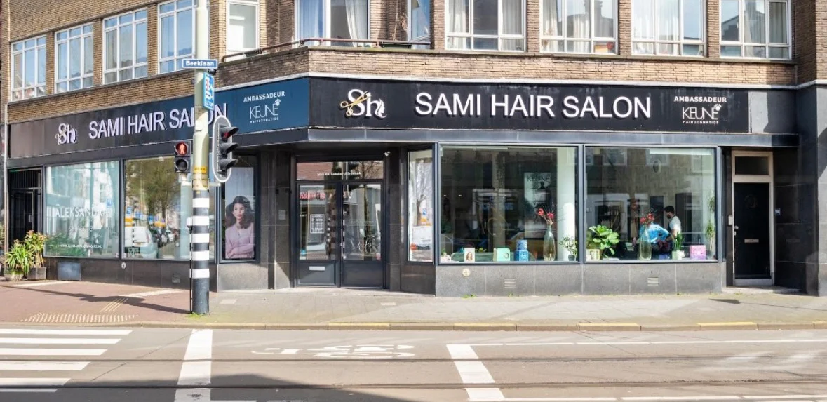 Gevel van Sami Hair Salon, Keune-ambassadeur, aan de Weimarstraat in Den Haag